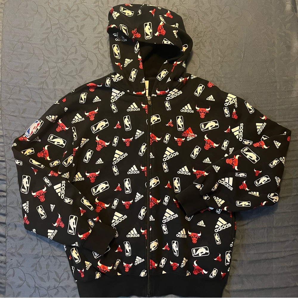 Vintage Adidas Chicago All Over Print Embroidered Zip Up Hoodie Size Medium